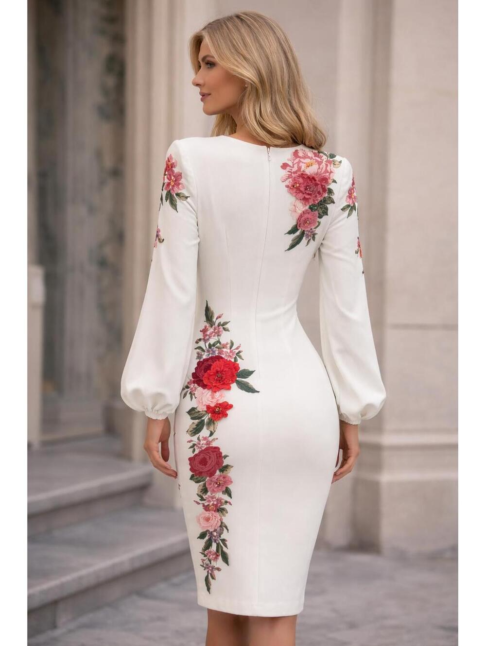 Badgley Mischka * 4 White Floral Embroidered Midi Dress Long Sleeve Modest Chic - Picture 2 of 6